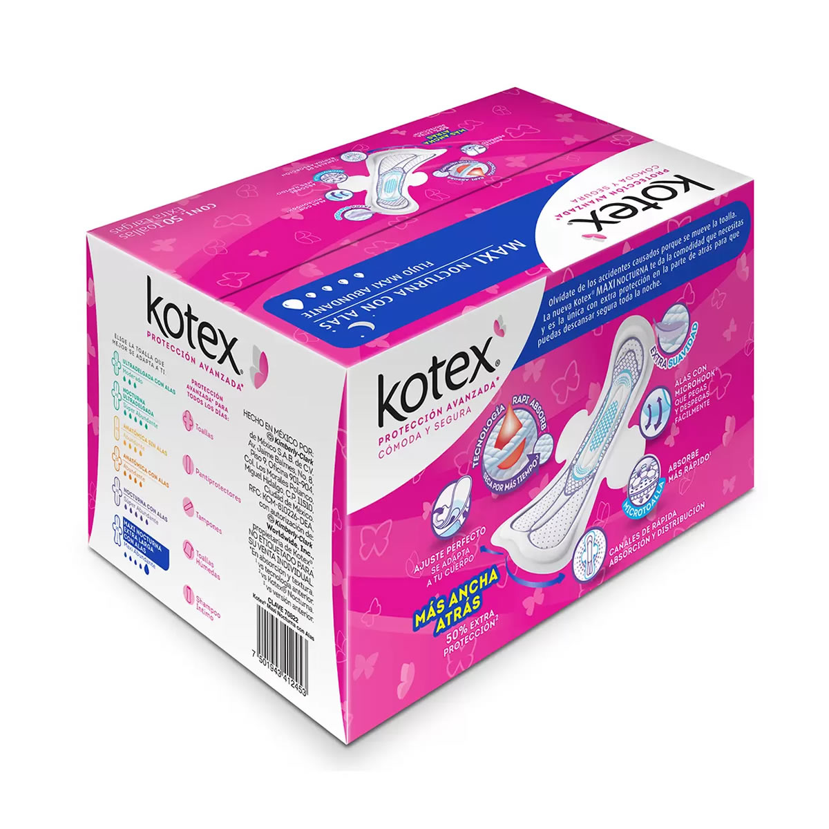 Toallas Femeninas Kotex Maxi Nocturnas 634332 Contenido 50 Piezas CST