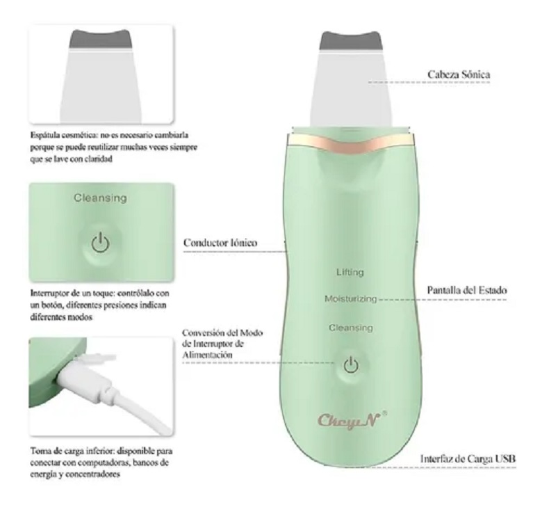 Espátula Ultrasónica Limpiador Facial Iónico Por Usb