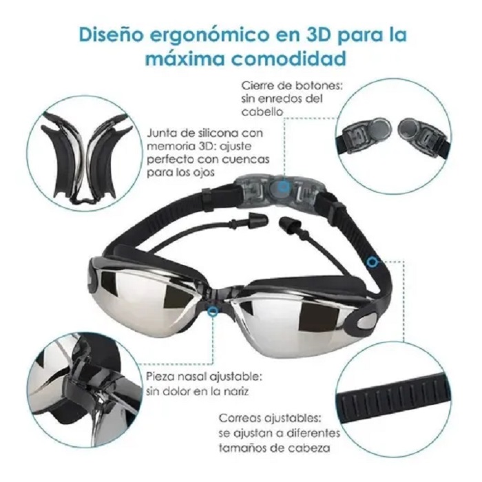 Gogles Gafas Para Natacion Con Clip Nariz Tapones Antiempaño Uv Negro