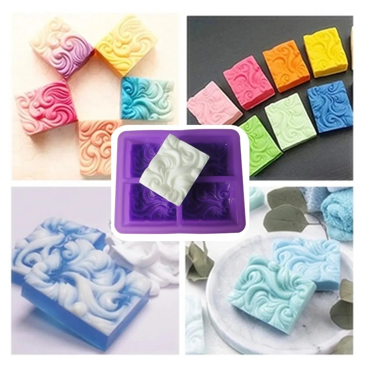 Molde De Silicón 4 Jabones Rectangulares Con Relieve Velas Morado