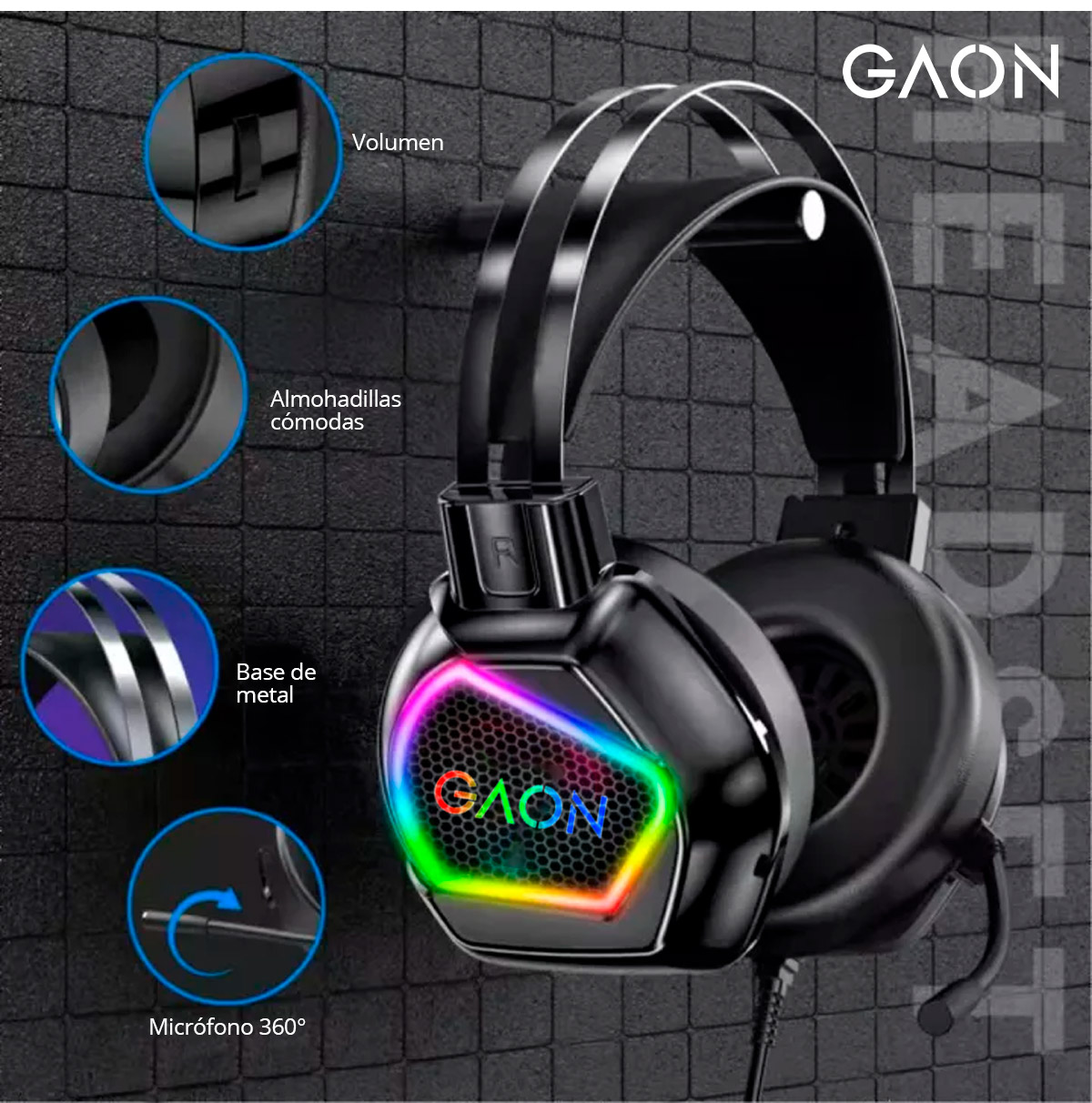 Audifonos Headsets Gamer Diadema Con Microfono Led Rgb Gaon Pack 5 Piezas