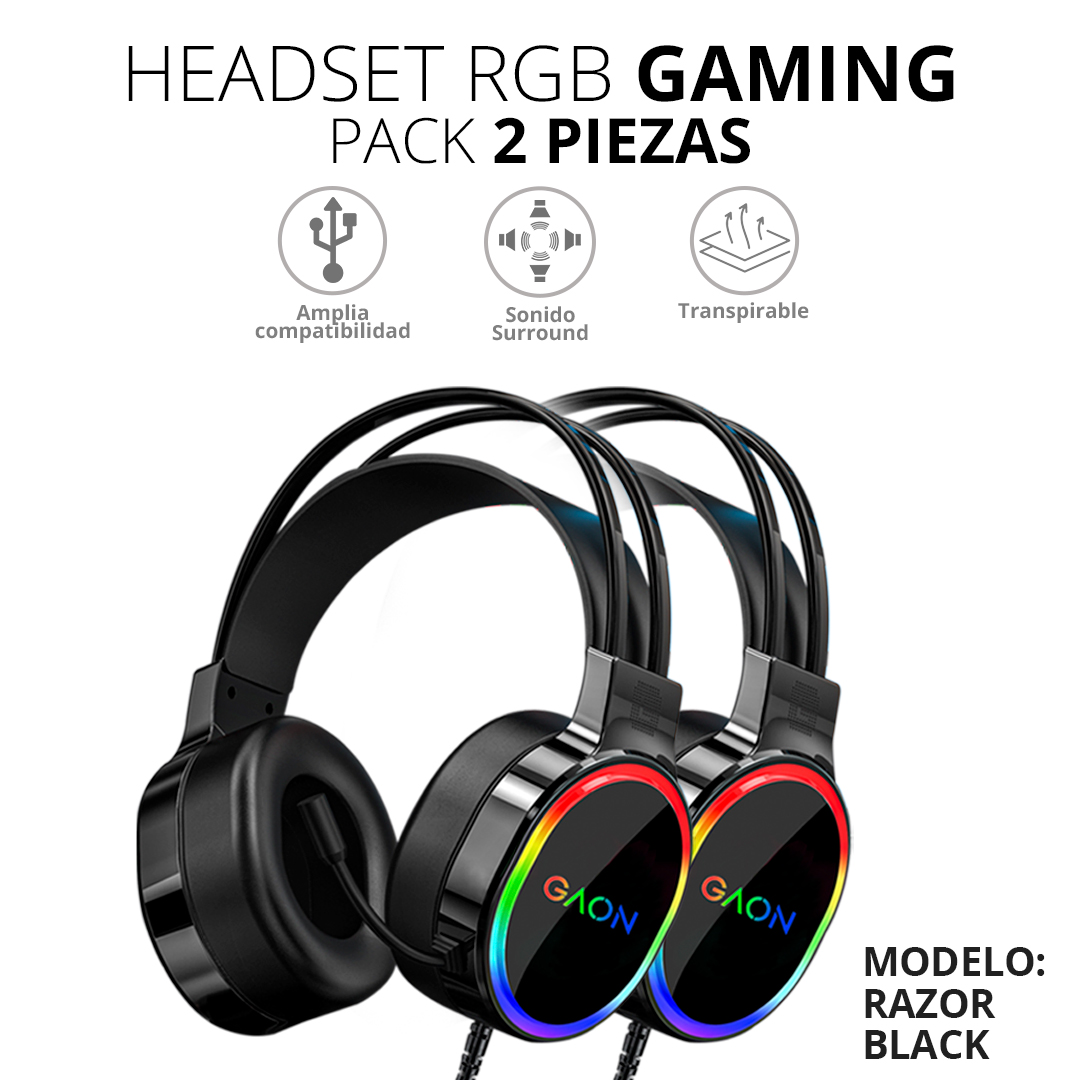 Audifonos Headset Gamer Diadema Con Microfono Led Rgb Gaon Pack 2 Piezas 