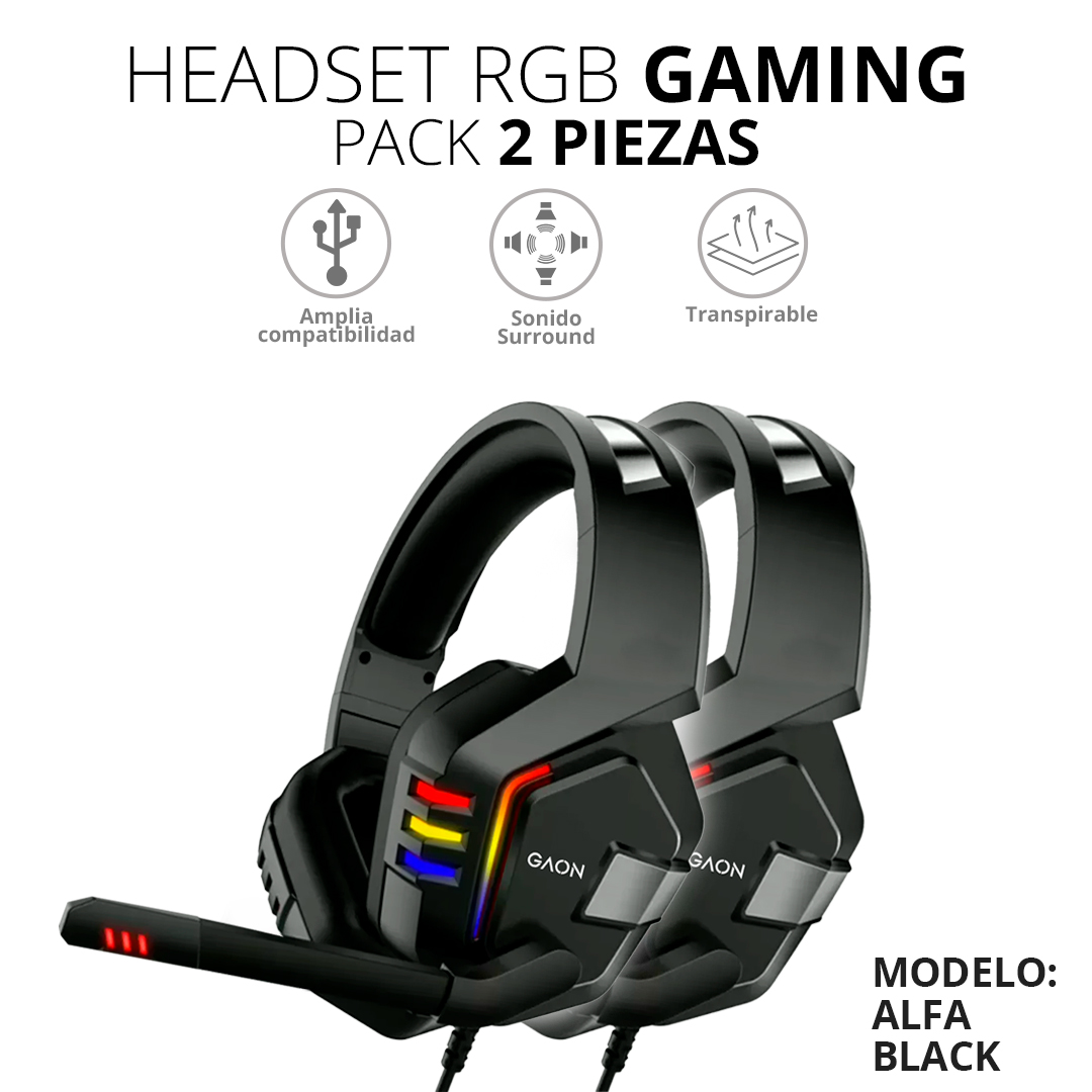 Audifonos Headset Gamer Diadema Con Microfono Led Rgb Gaon Pack 2 Piezas 