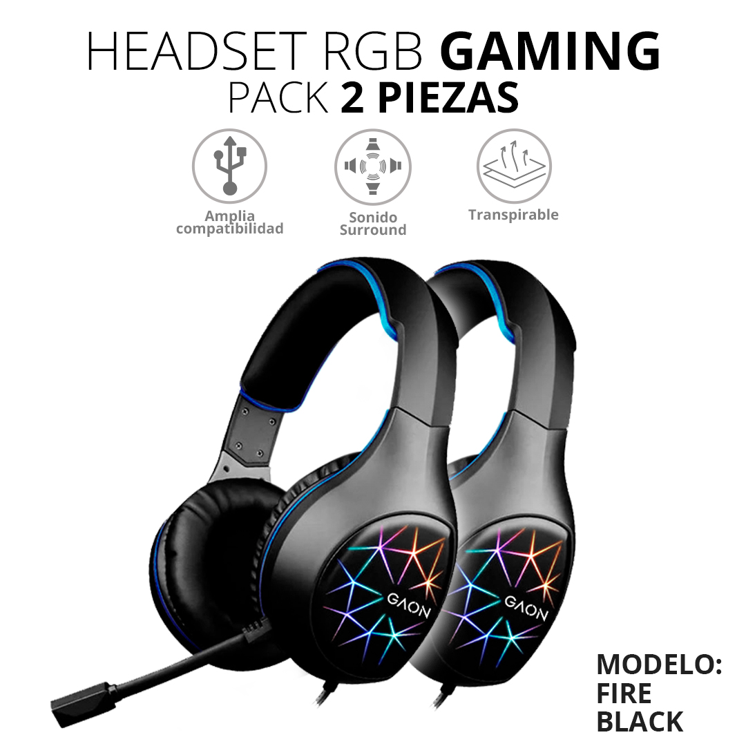 Audifonos Headset Gamer Diadema Con Microfono Led Rgb Gaon Pack 2 Piezas 