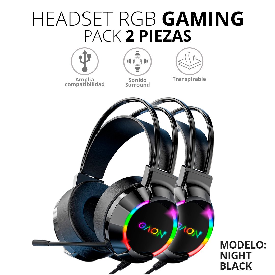 Audifonos Headset Gamer Diadema Con Microfono Led Rgb Gaon Pack 2 Piezas 