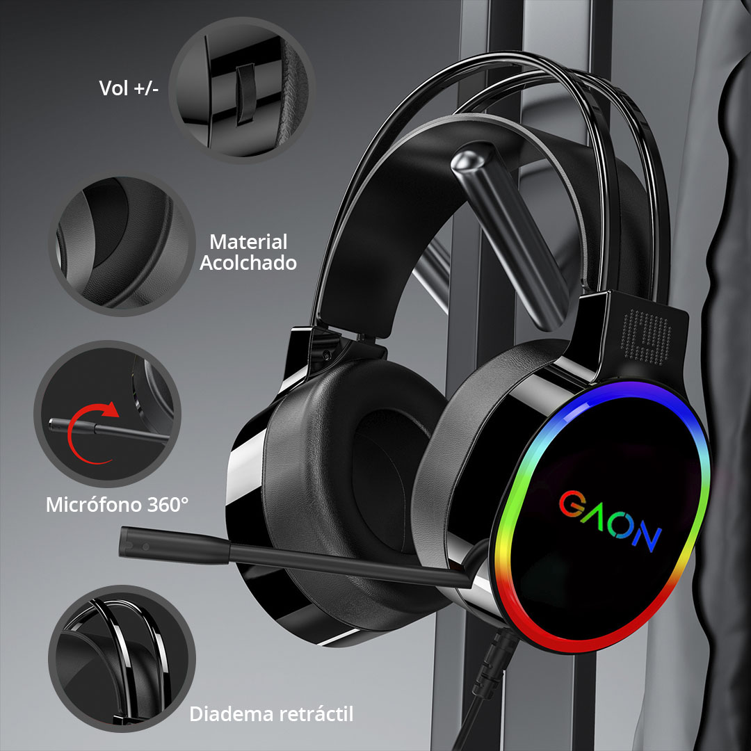 Audifonos Headset Gamer Diadema Con Microfono Led Rgb Gaon Pack 2 Piezas 