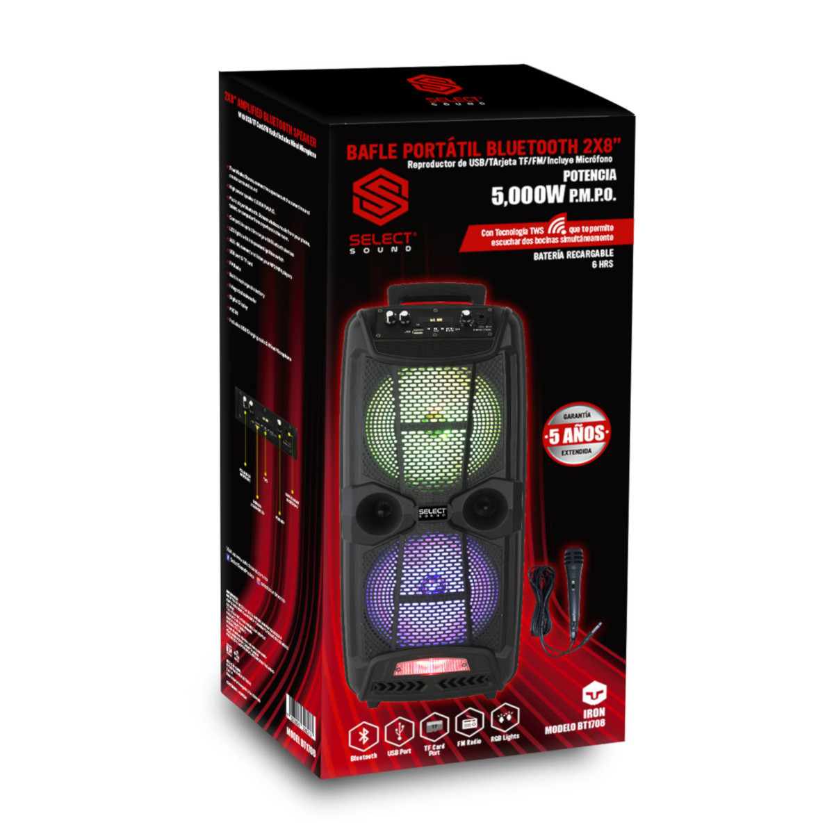 Bafle Doble Select Sound BT1708 8 pulgadas 5000 W PMPO Bluetooth Negro