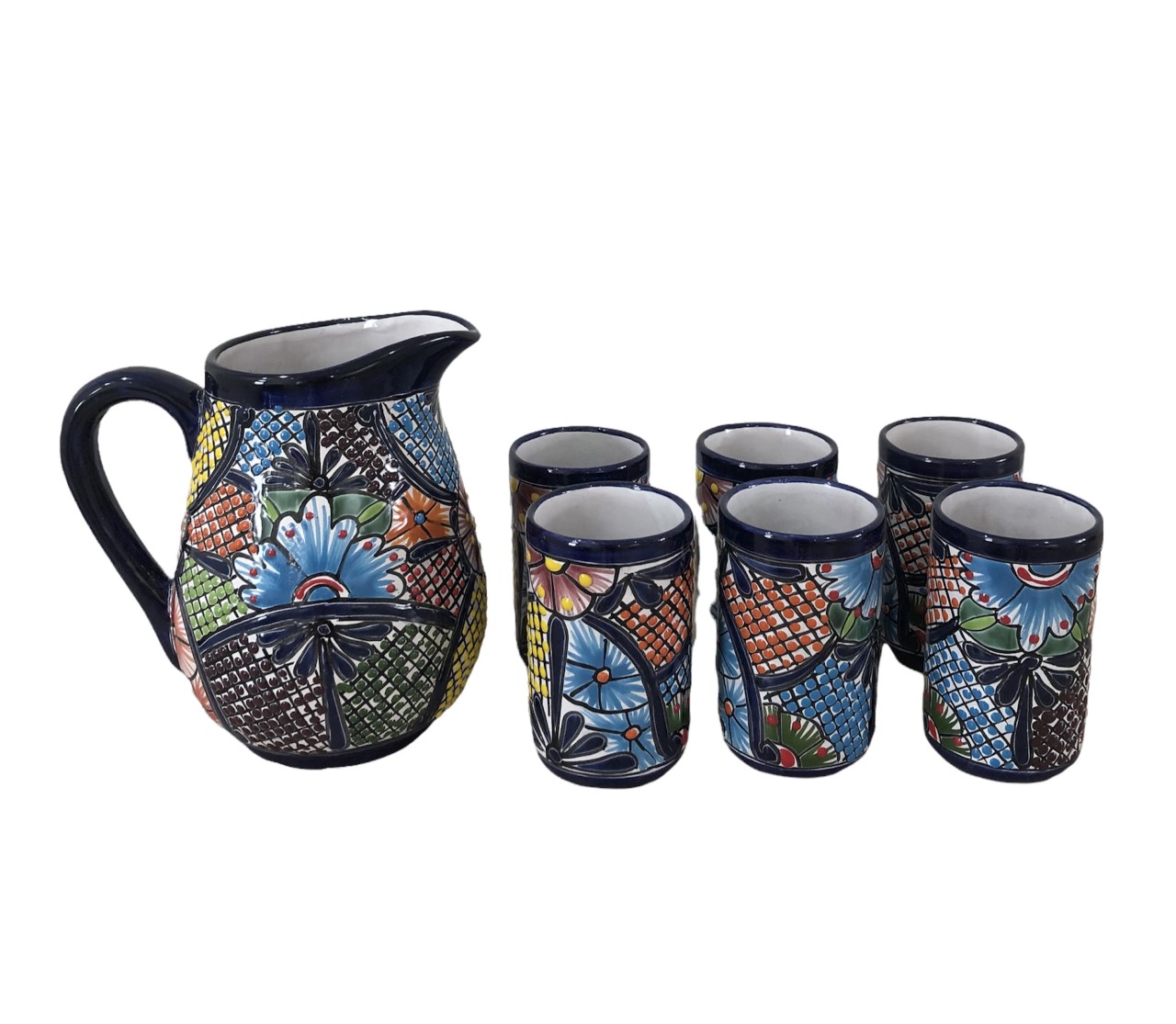 Jarra de Talavera Pintada A Mano con 6 vasos
