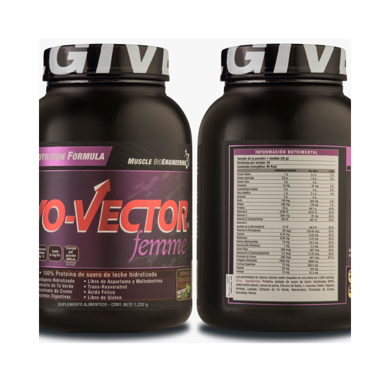 Myo Vector Femme, French vainilla, 100% Proteína de suero de leche hidrolizada, Enzimas digestivas, Colágeno hidrolizado, 80 calorías por servicio, 44 Servicios.