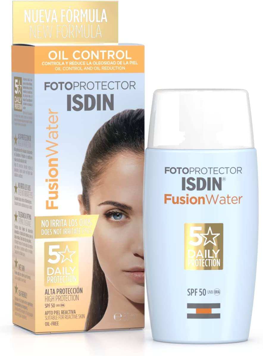 ISDIN Fotoprotector Fusion Water SPF 50, Protector Solar Facial de fase acuosa para uso diario, Textura ultra ligera, 50 ml