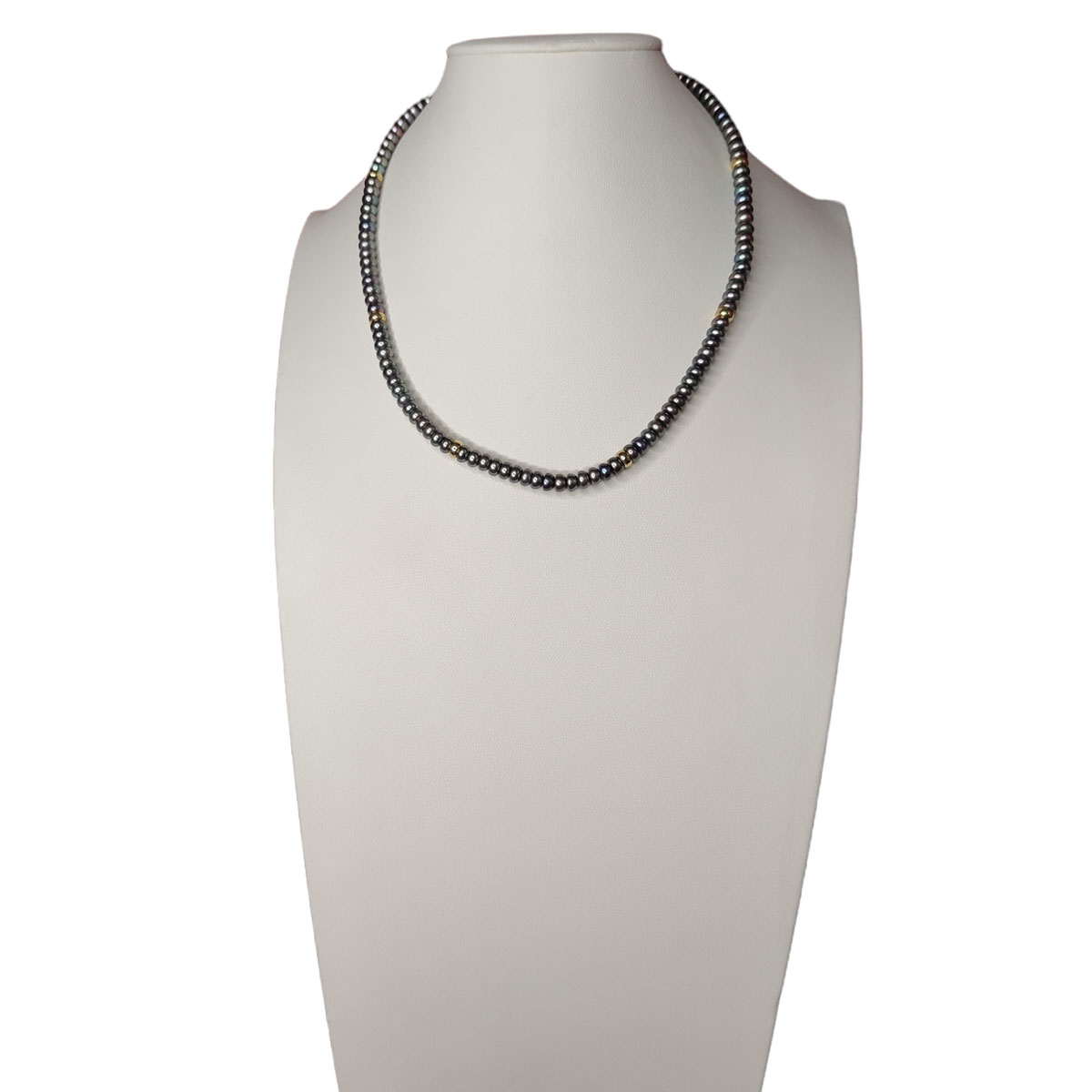 Collar Perlas Negras Boton 5.5 Mm Con Donas En Oro De 14 K