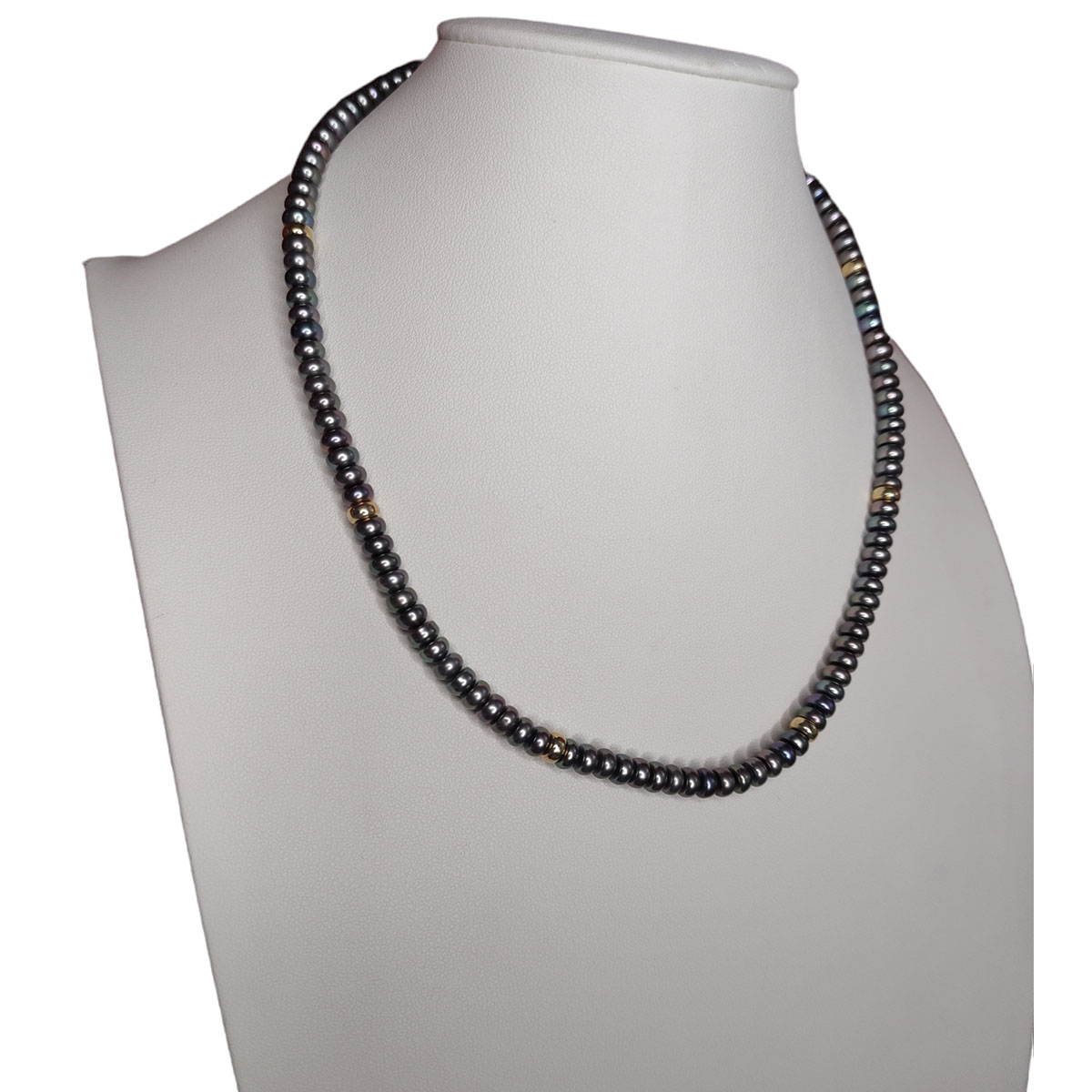 Collar Perlas Negras Boton 5.5 Mm Con Donas En Oro De 14 K