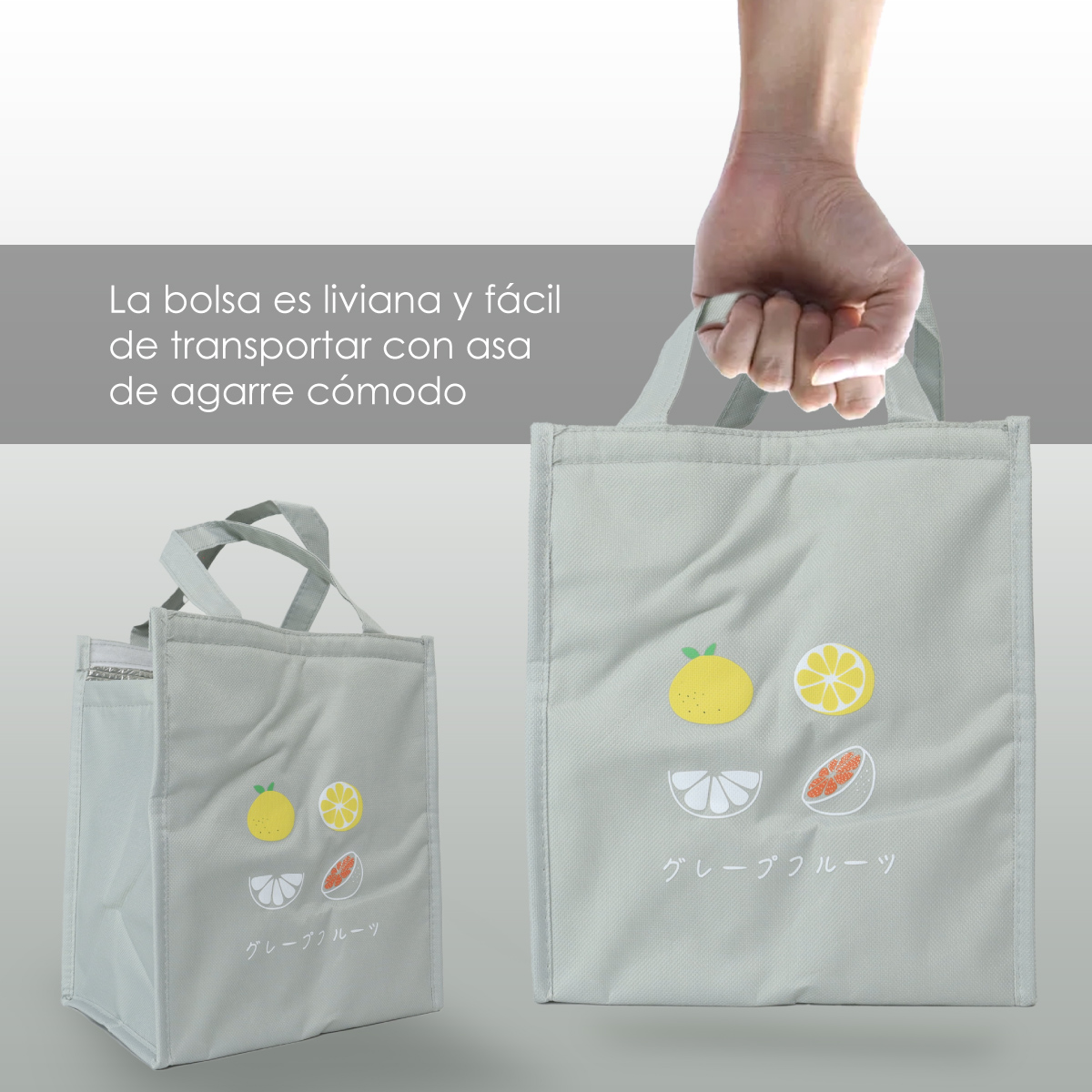 Bolsa térmica para comida tipo lonchera bolsa de almuerzo portátil (Gris con limones)