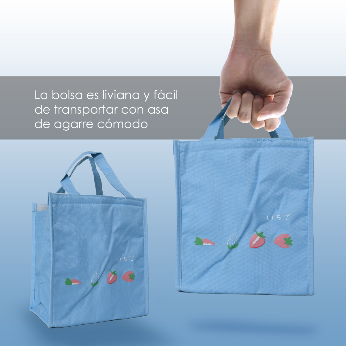 Bolsa Térmica Lonchera De Almuerzo, Lunch Bag Multiusos (Azul con fresas)