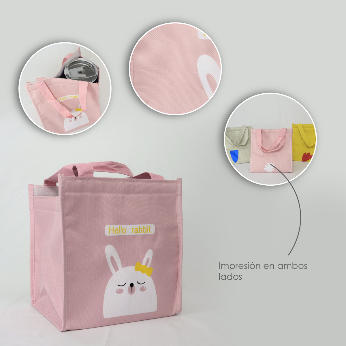 Bolsa De Almuerzo, Lonchera Térmica De Tela Oxford Portátil (Rosa conejo)