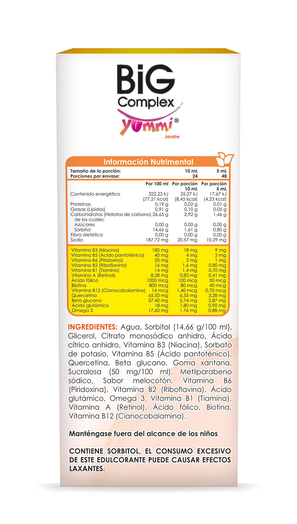 Big Complex Yummi, 240 ml, Sabor Melocoton, Omega 3, Beta glucano, Quercetina
