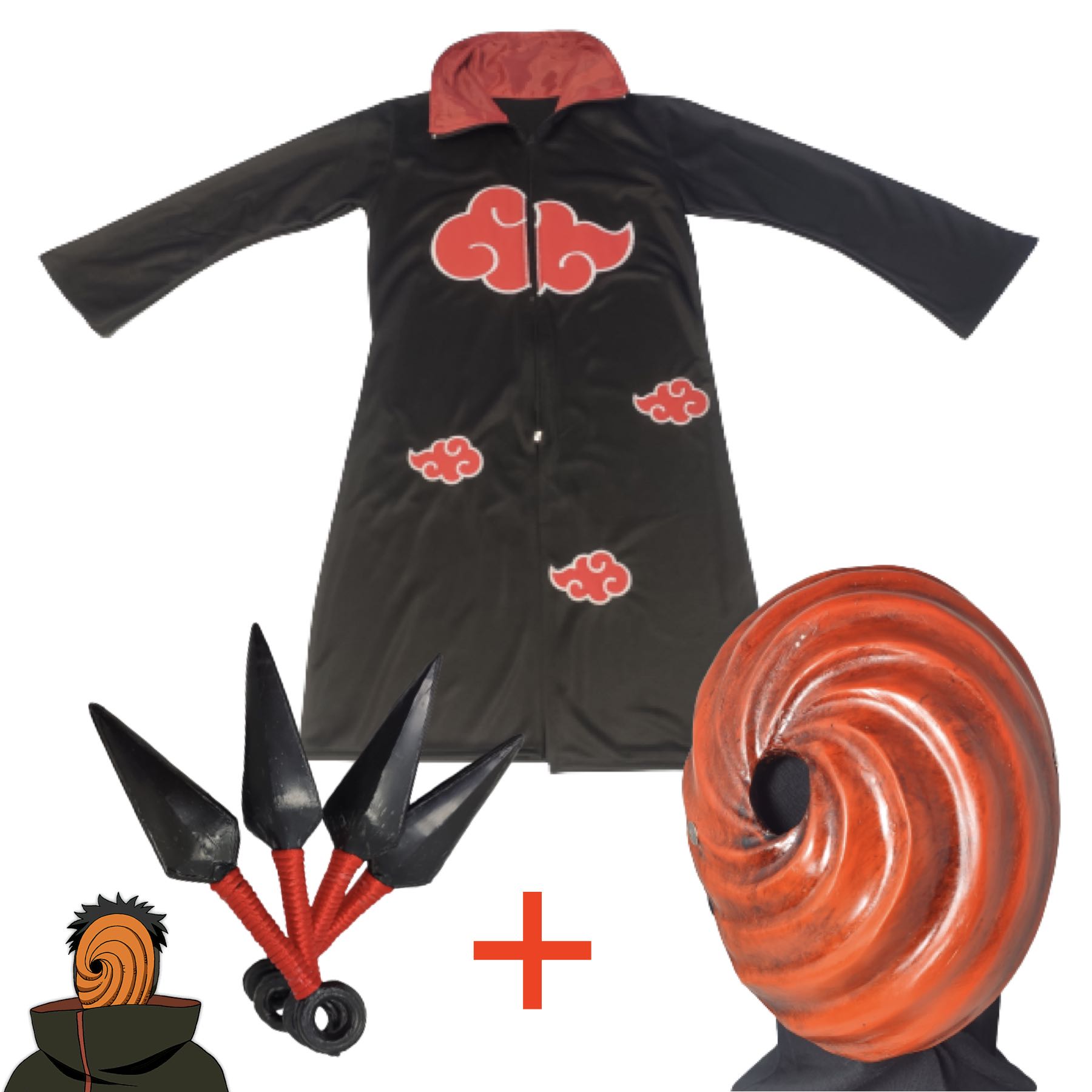 Cosplay Naruto Disfraz Combo Adulto Tobi Clan Uchiha: 1 Bata Akatsuki Unitalla, 1 Mascara Obito Madara y 4 Kunai