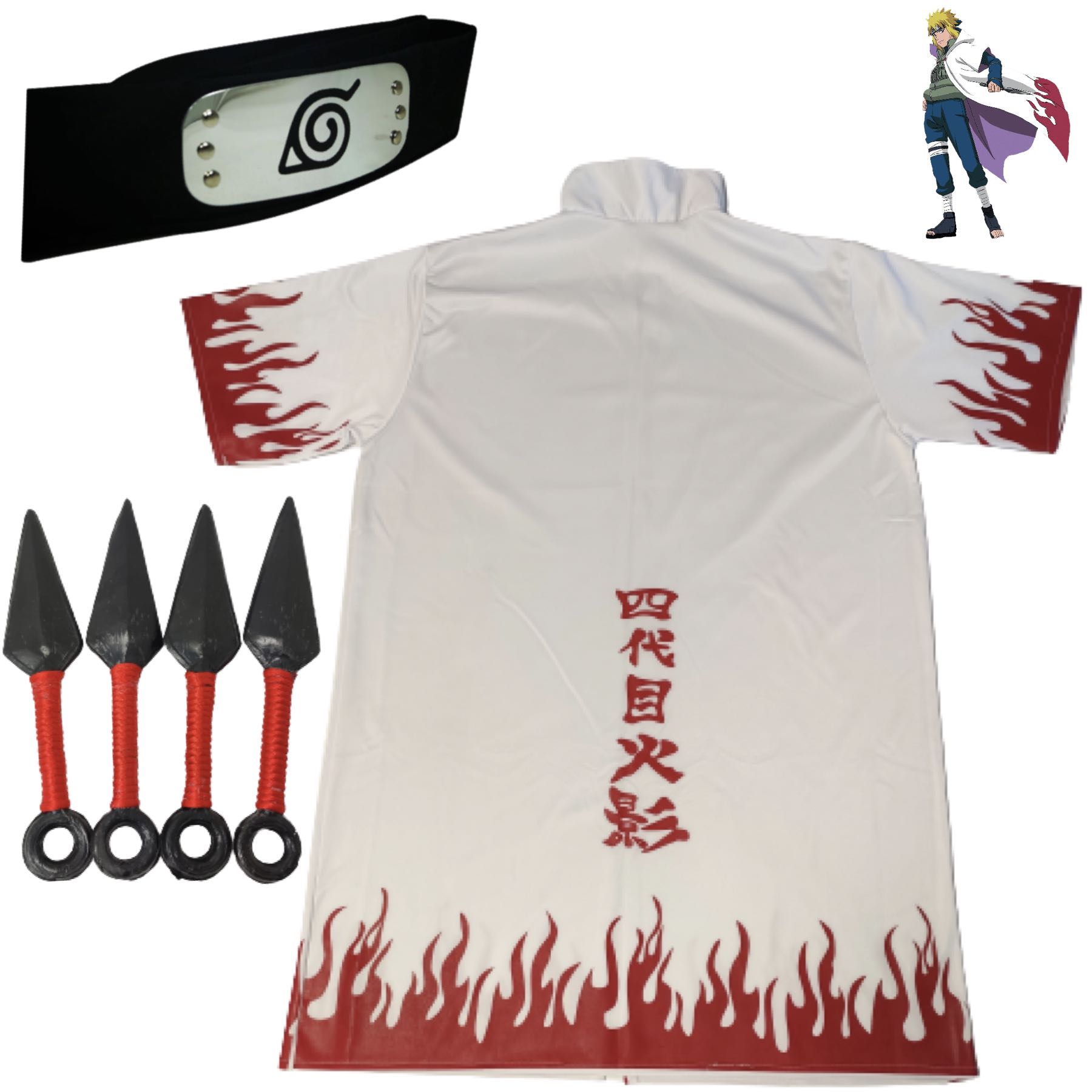Cosplay Naruto Disfraz Adulto Combo Cuarto Hokage Yondaime Minato Namikaze: 1 Banda Hoja Konoha 1 Bata Ermitaño Unitalla y 4 Kunais