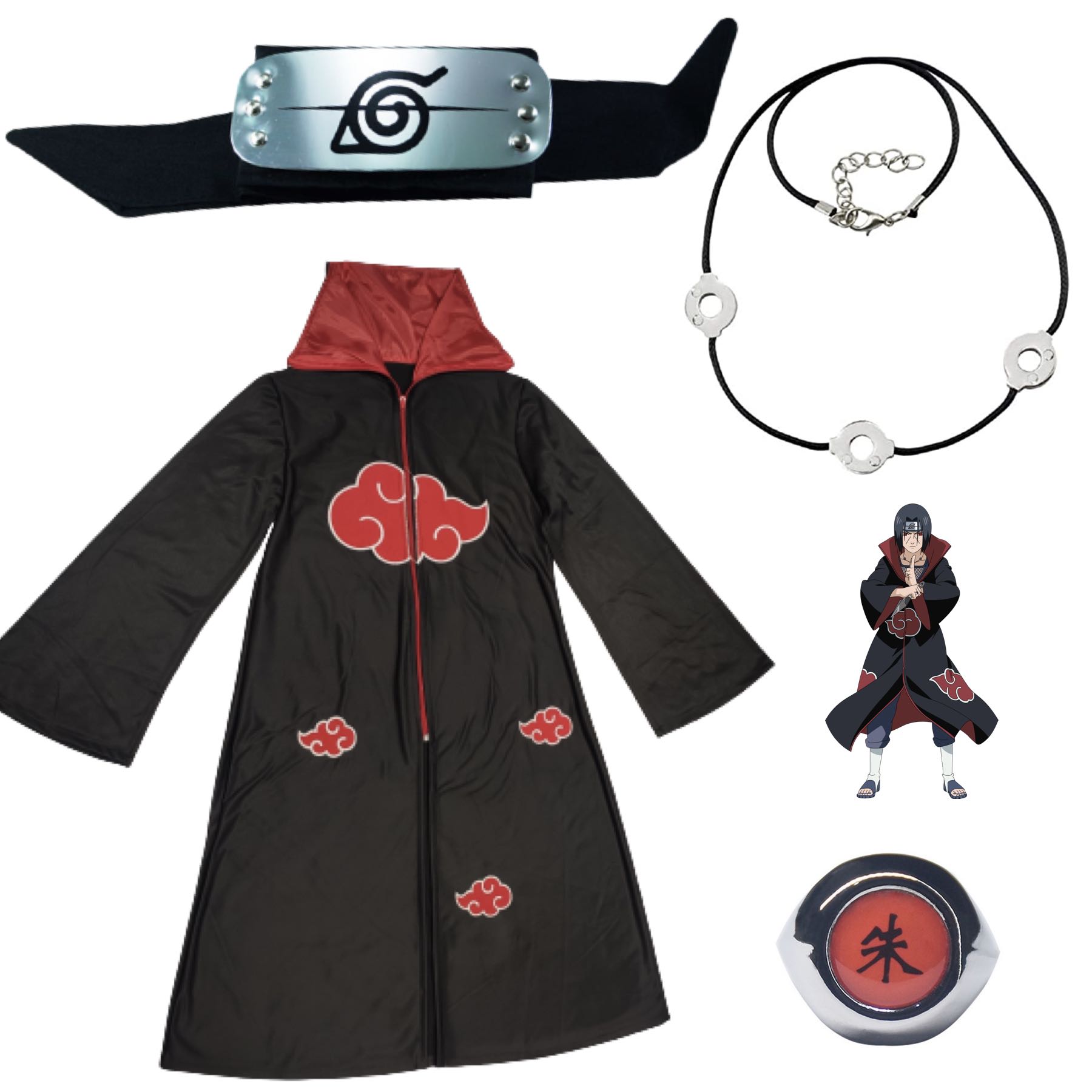 Cosplay Naruto Disfraz Combo Adulto Itachi Clan Uchiha: 1 Anillo, 1 Banda Aldea Hoja Renegado 1 Bata Akatsuki Unitalla y 1 Collar