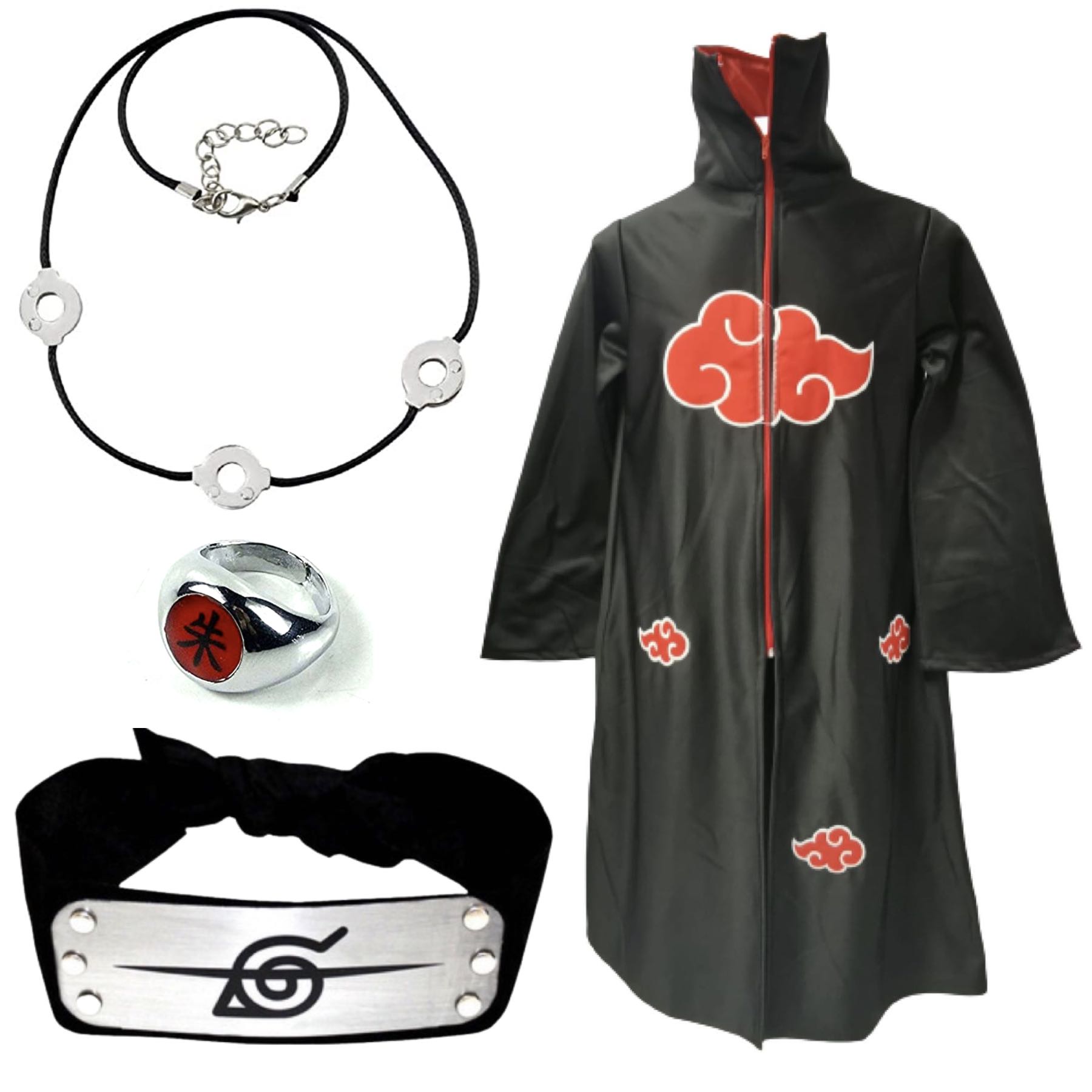 Cosplay Naruto Disfraz Combo Adulto Itachi Clan Uchiha: 1 Anillo, 1 Banda Aldea Hoja Renegado 1 Bata Akatsuki Unitalla y 1 Collar