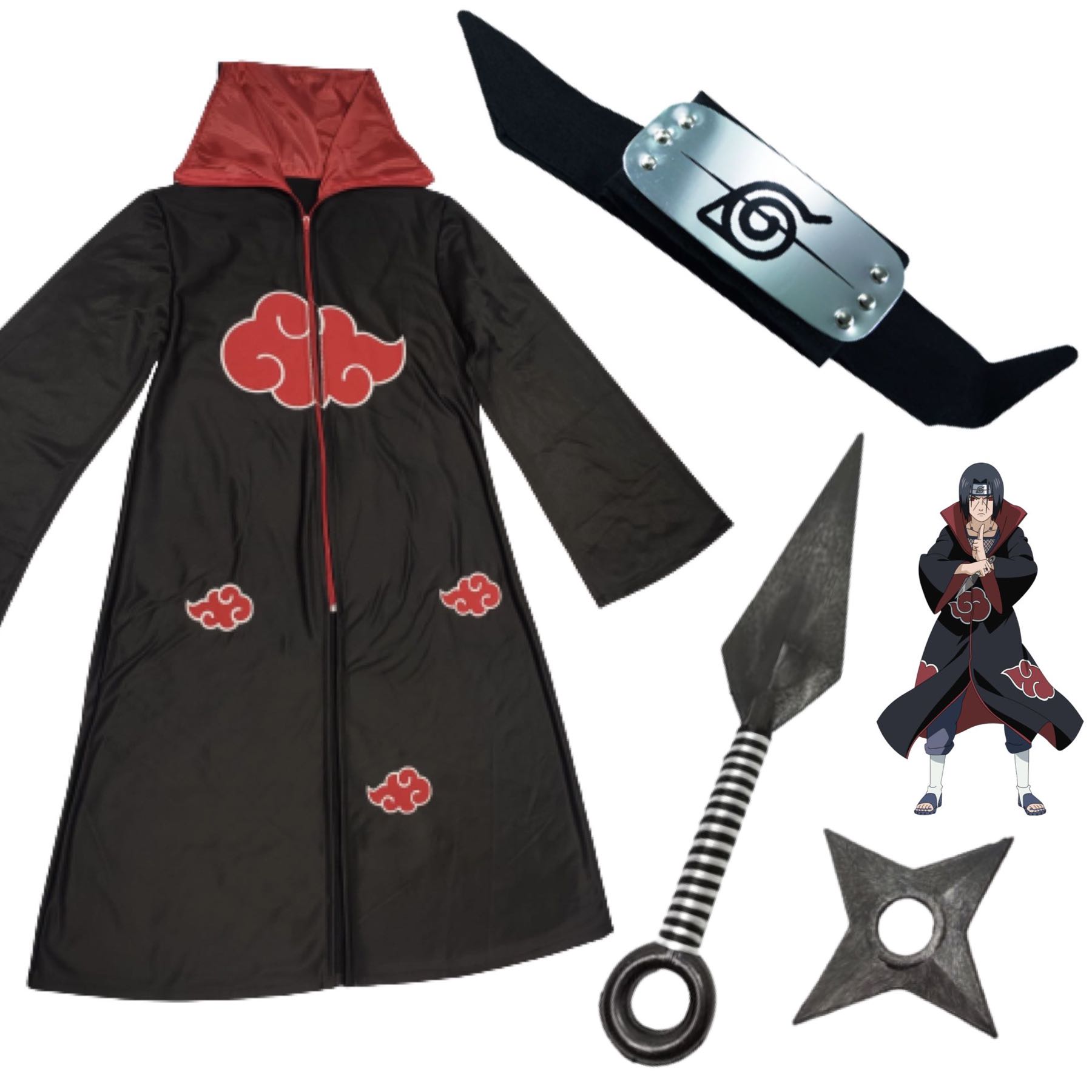 Cosplay Naruto Disfraz Combo Adulto Itachi Uchiha: 1 Banda Hoja Konoha Renegado 1 Bata Capa Akatsuki Unitalla 1 Kunai 1 Shuriken