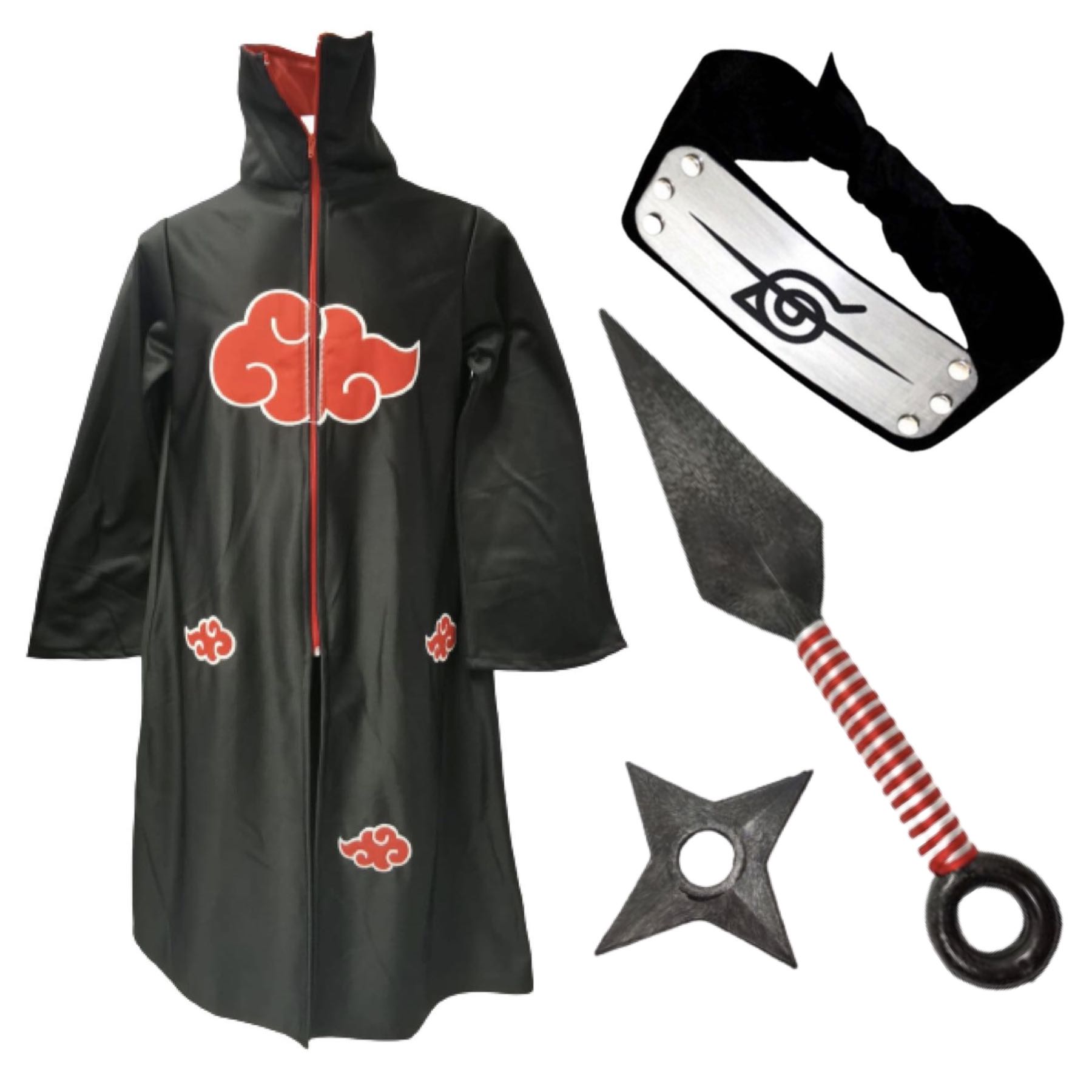 Cosplay Naruto Disfraz Combo Adulto Itachi Uchiha: 1 Banda Hoja Konoha Renegado 1 Bata Capa Akatsuki Unitalla 1 Kunai 1 Shuriken