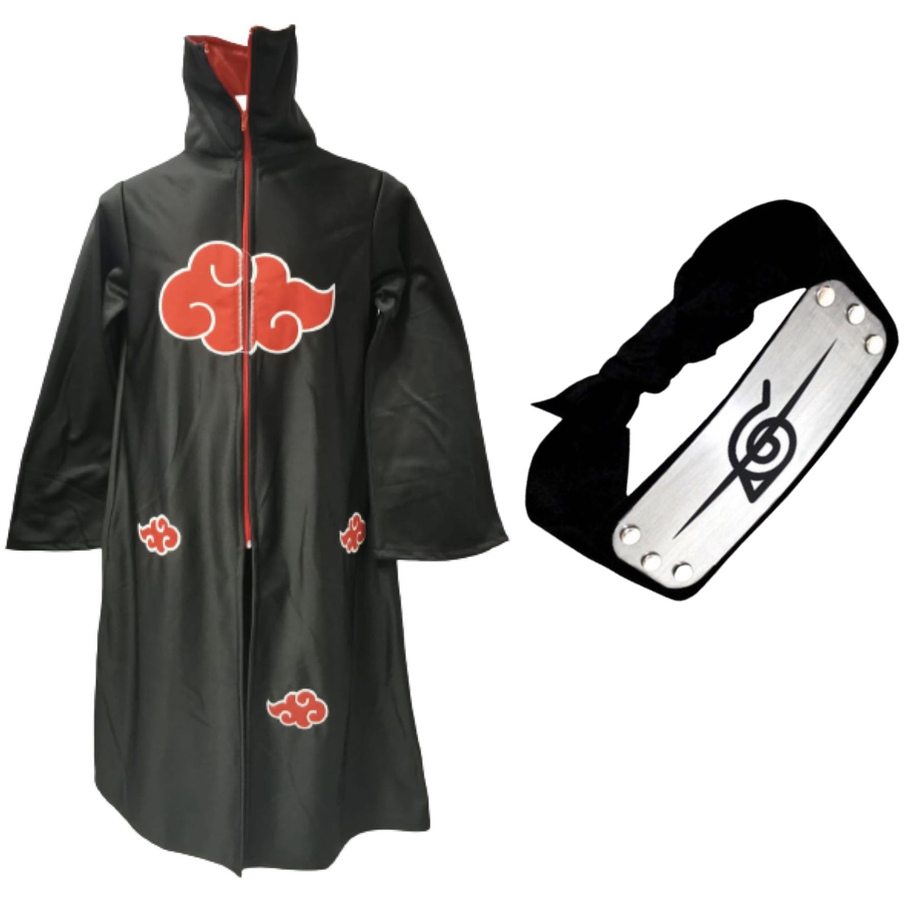 Cosplay Naruto Disfraz Combo Adulto Itachi Clan Uchiha: 1 Banda Aldea Hoja Renegado y 1 Bata Capa Gabardina Akatsuki Unitalla