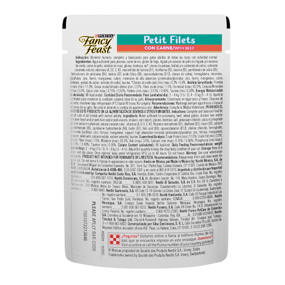 Caja de 12 sobres Fancy Feast Petit Filets Carne Alimento Húmedo para gatos adultos, pouch de 85g c/u.
