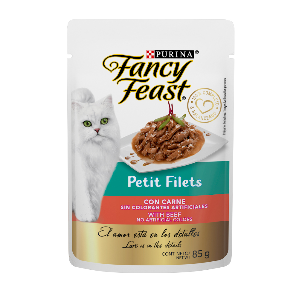 Caja de 12 sobres Fancy Feast Petit Filets Carne Alimento Húmedo para gatos adultos, pouch de 85g c/u.