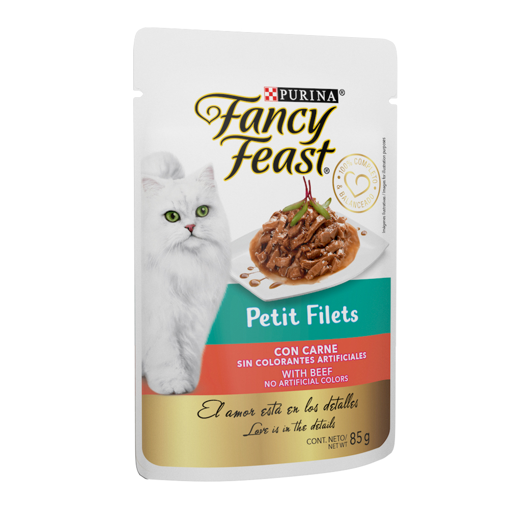 Caja de 12 sobres Fancy Feast Petit Filets Carne Alimento Húmedo para gatos adultos, pouch de 85g c/u.