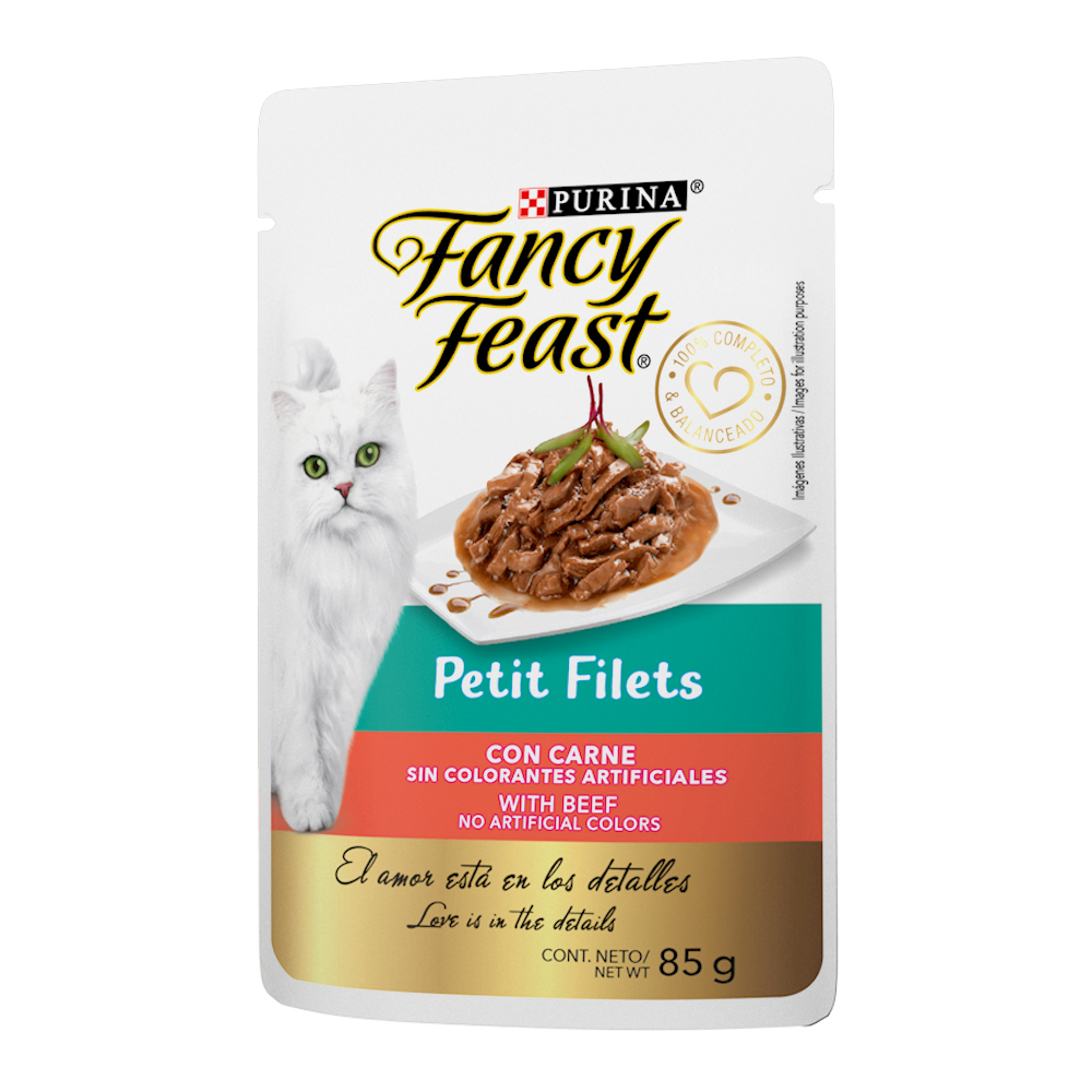 Caja de 12 sobres Fancy Feast Petit Filets Carne Alimento Húmedo para gatos adultos, pouch de 85g c/u.