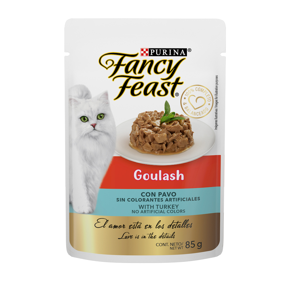 Caja de 12 sobres Fancy Feast Goulash Pavo Alimento Húmedo para gatos adultos, pouch de 85g c/u.