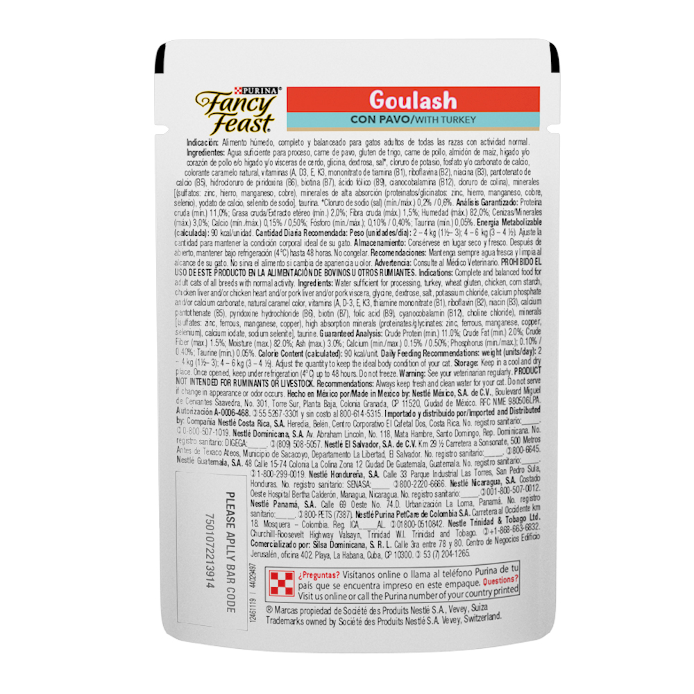 Caja de 12 sobres Fancy Feast Goulash Pavo Alimento Húmedo para gatos adultos, pouch de 85g c/u.
