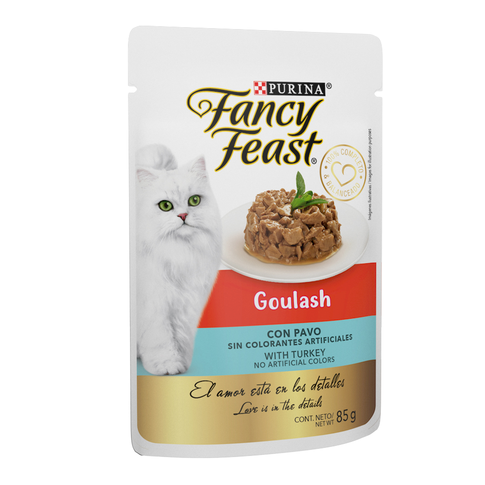 Caja de 12 sobres Fancy Feast Goulash Pavo Alimento Húmedo para gatos adultos, pouch de 85g c/u.