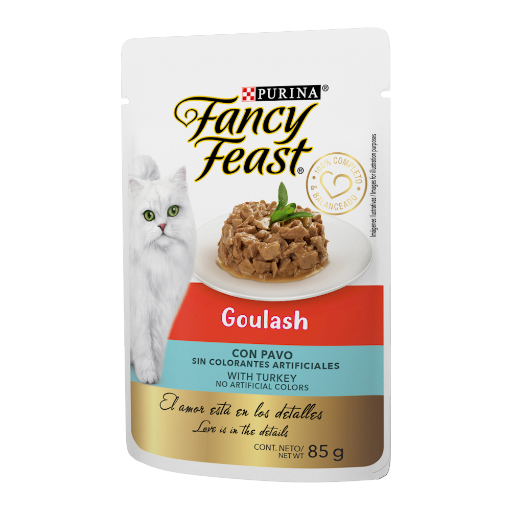 Caja de 12 sobres Fancy Feast Goulash Pavo Alimento Húmedo para gatos adultos, pouch de 85g c/u.