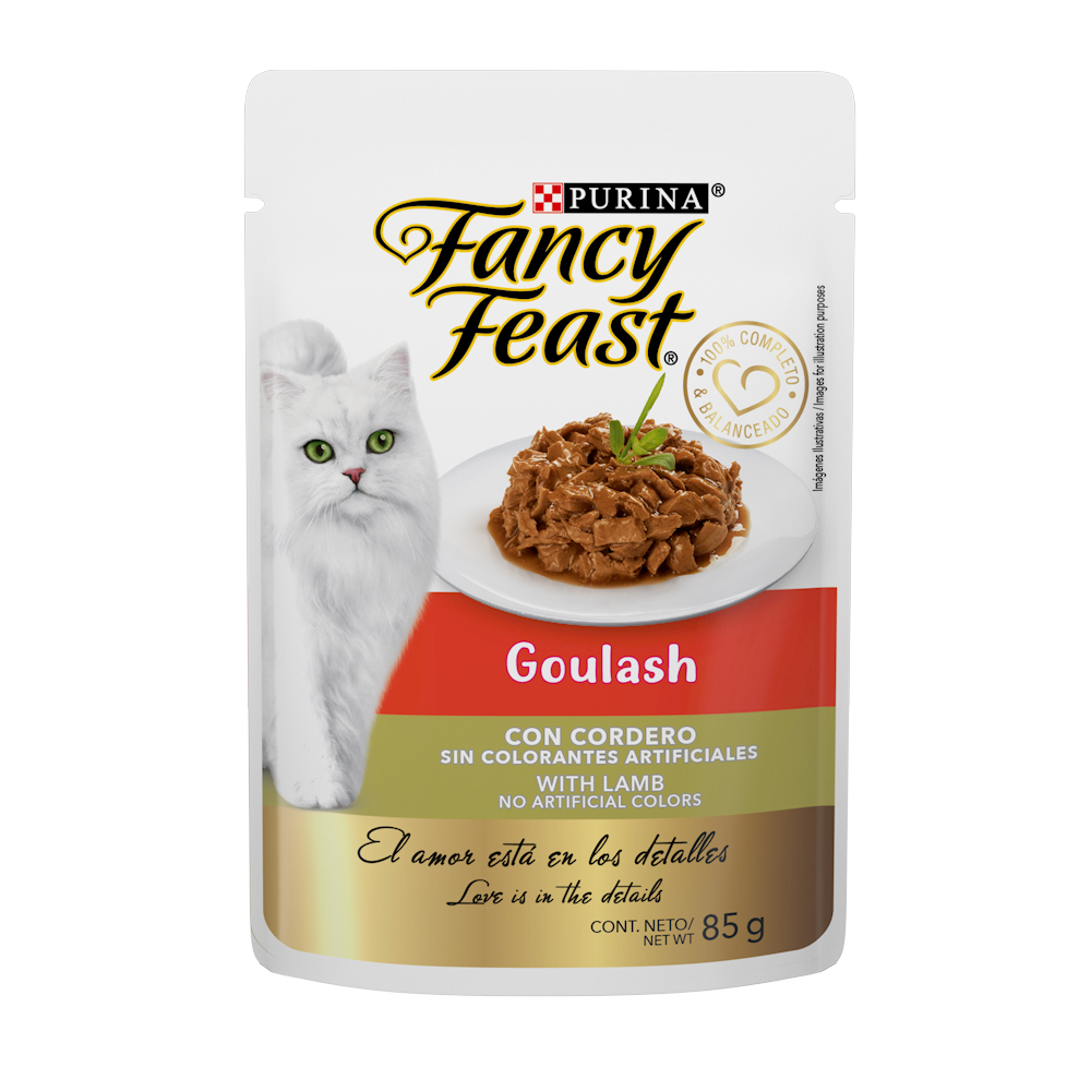 Caja de 12 sobres Fancy Feast Goulash Cordero Alimento Húmedo para gatos adultos, pouch de 85g c/u.