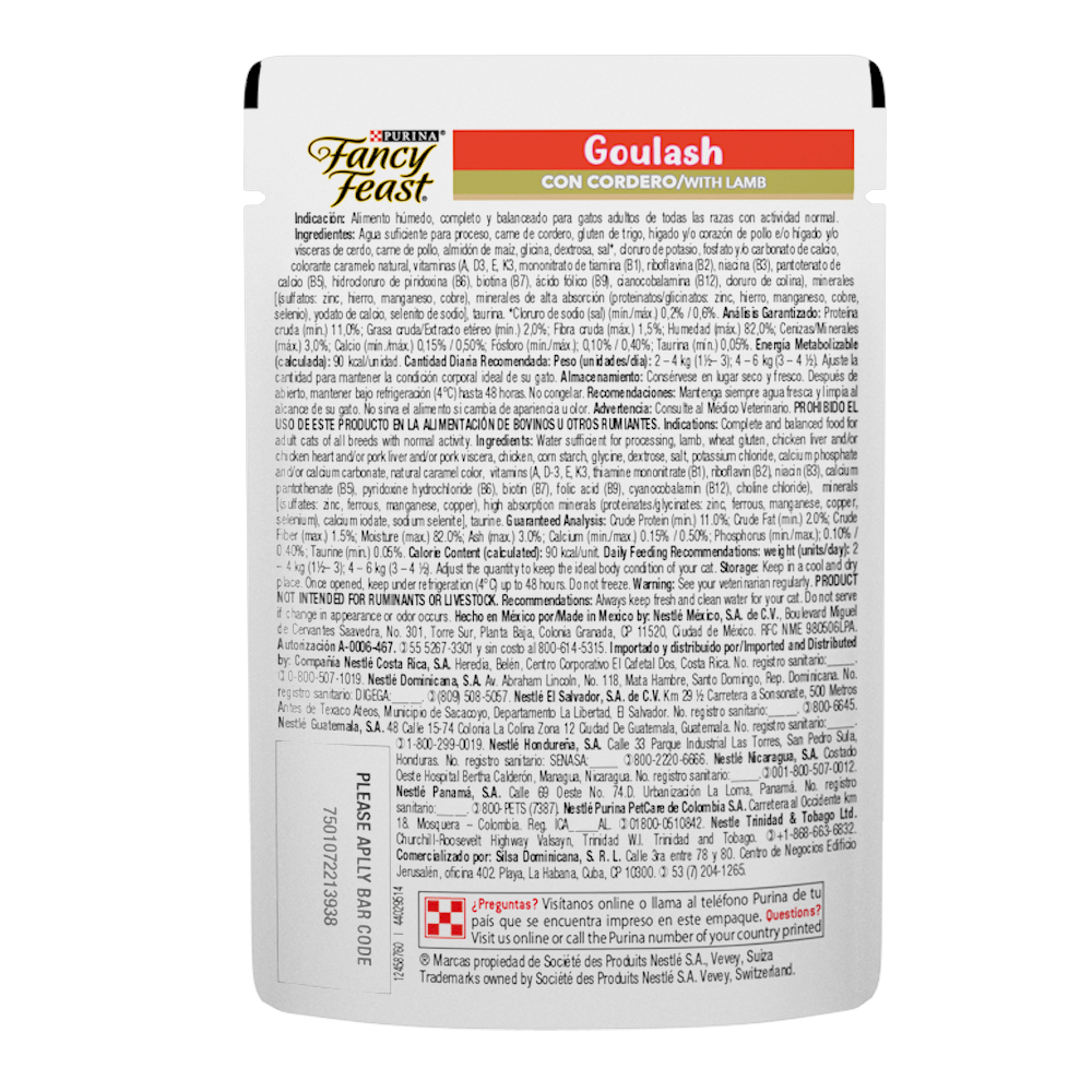 Caja de 12 sobres Fancy Feast Goulash Cordero Alimento Húmedo para gatos adultos, pouch de 85g c/u.