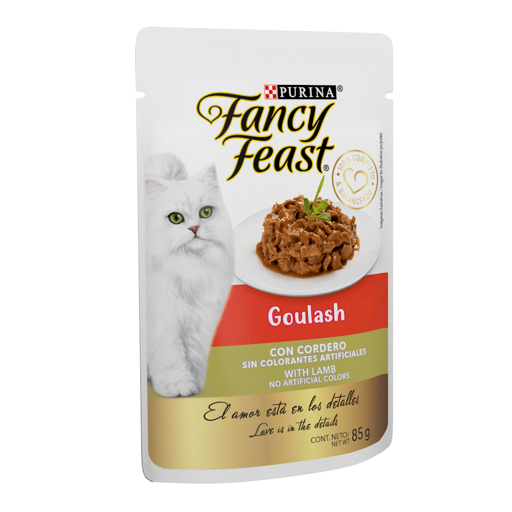 Caja de 12 sobres Fancy Feast Goulash Cordero Alimento Húmedo para gatos adultos, pouch de 85g c/u.