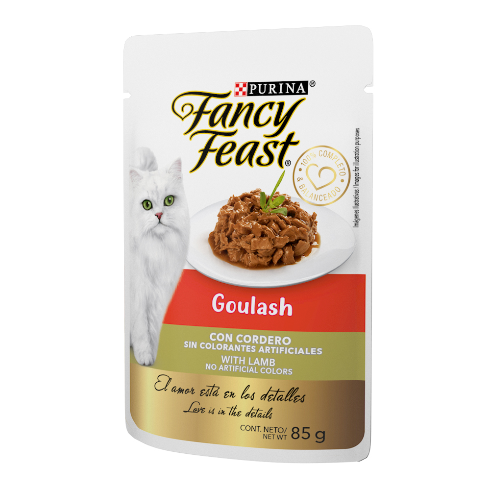 Caja de 12 sobres Fancy Feast Goulash Cordero Alimento Húmedo para gatos adultos, pouch de 85g c/u.