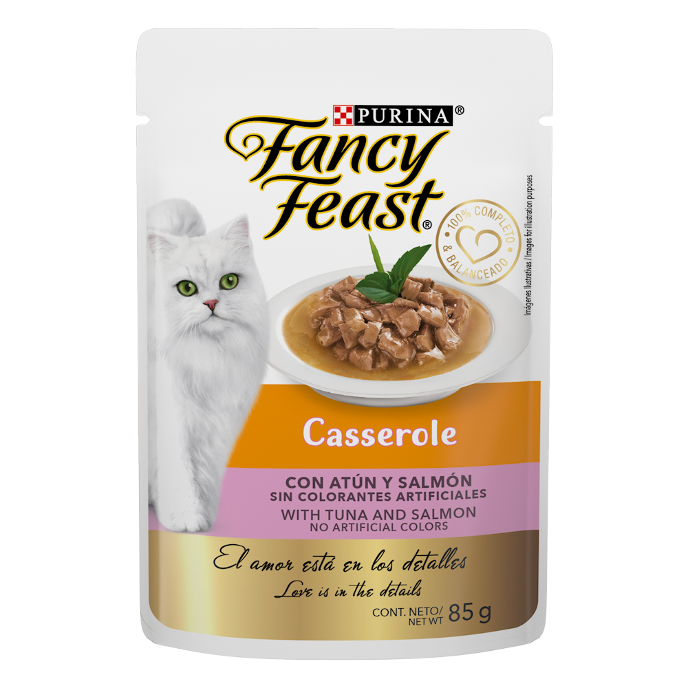 Caja de 12 sobres Fancy Feast Casserole Atún y Salmón Alimento Húmedo para gatos adultos, pouch de 85g c/u.