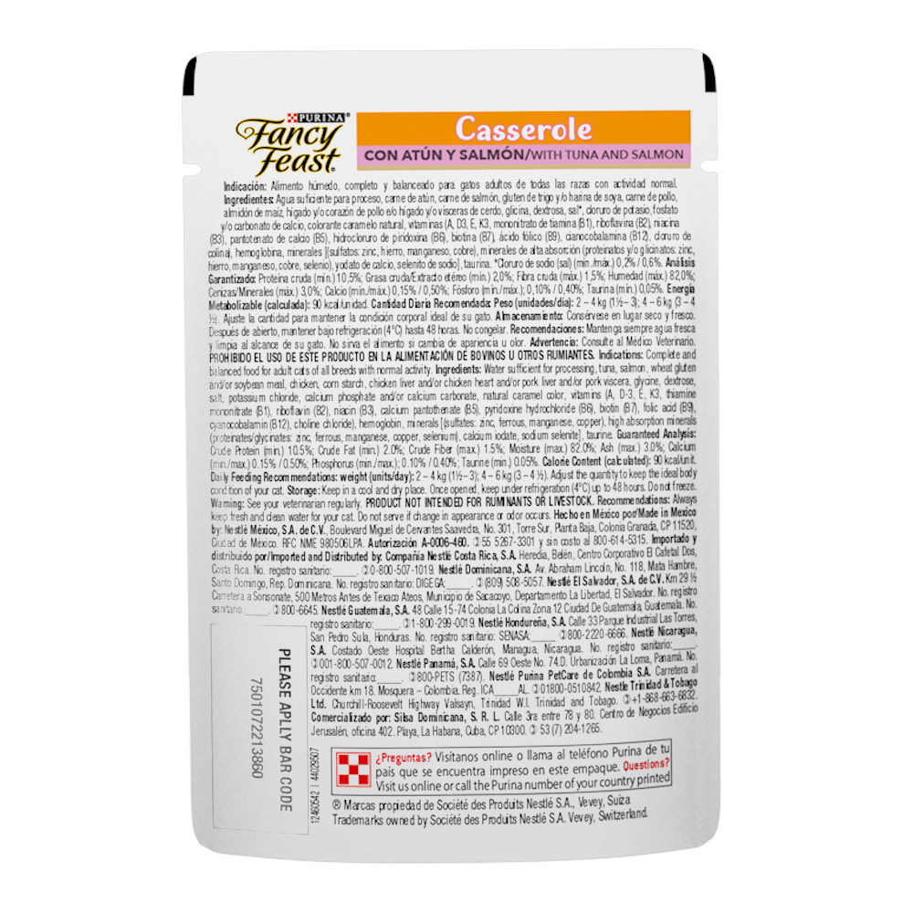 Caja de 12 sobres Fancy Feast Casserole Atún y Salmón Alimento Húmedo para gatos adultos, pouch de 85g c/u.