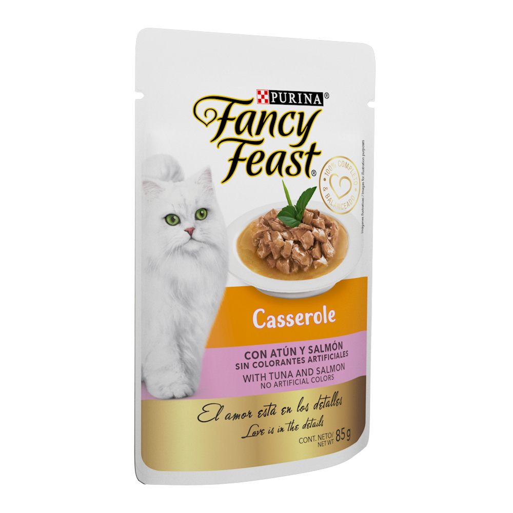 Caja de 12 sobres Fancy Feast Casserole Atún y Salmón Alimento Húmedo para gatos adultos, pouch de 85g c/u.
