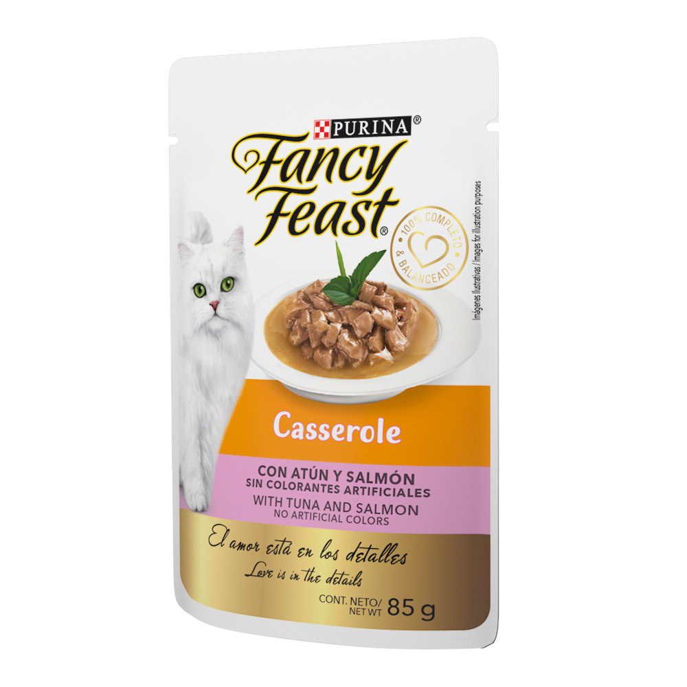 Caja de 12 sobres Fancy Feast Casserole Atún y Salmón Alimento Húmedo para gatos adultos, pouch de 85g c/u.