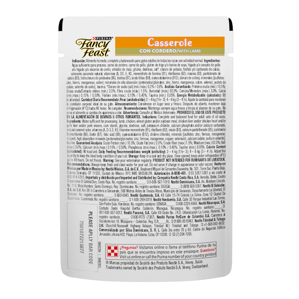 Caja de 12 sobres Fancy Feast Casserole Cordero Alimento Húmedo para gatos adultos, pouch de 85g c/u.