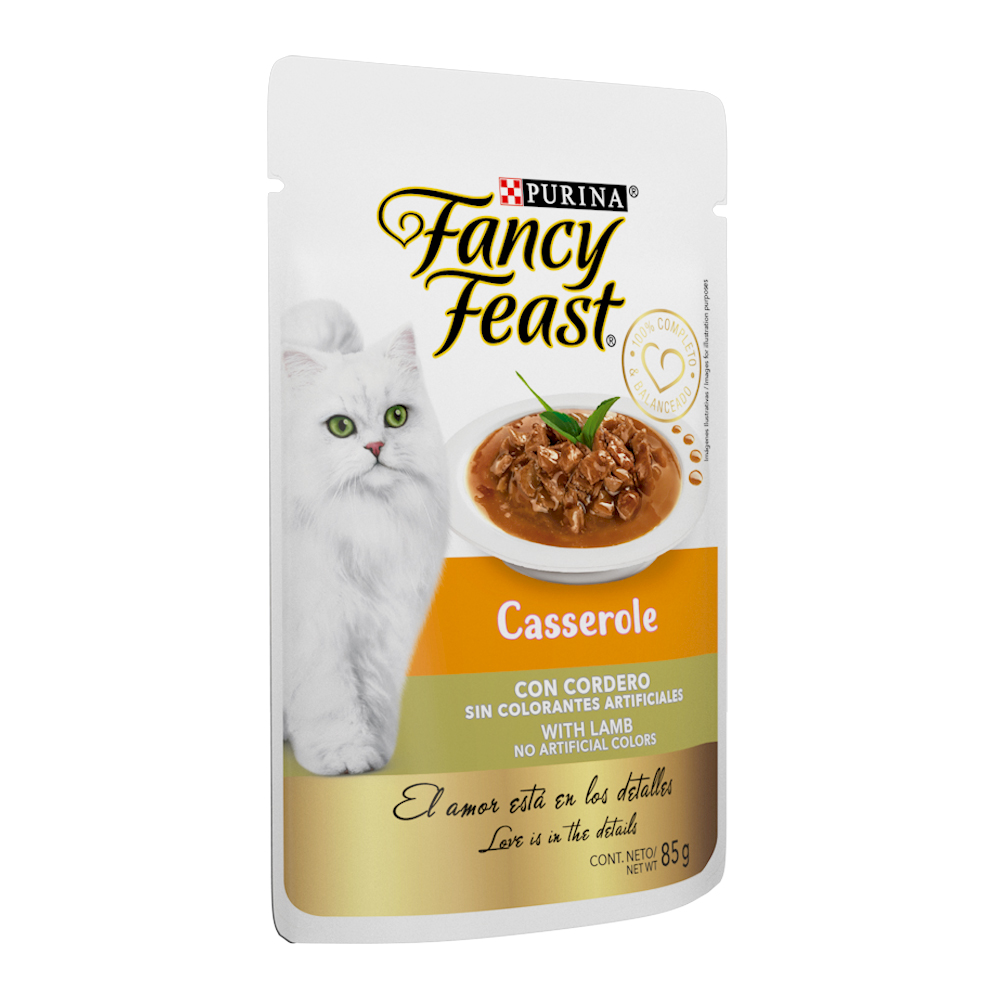Caja de 12 sobres Fancy Feast Casserole Cordero Alimento Húmedo para gatos adultos, pouch de 85g c/u.
