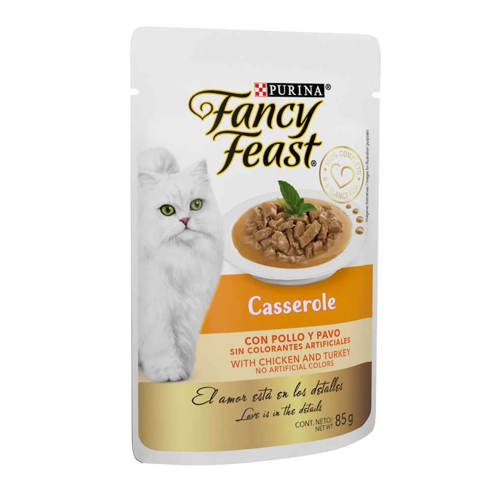 Caja de 12 sobres Fancy Feast Casserole Pollo y Pavo Alimento Húmedo para gatos adultos, pouch de 85g c/u.
