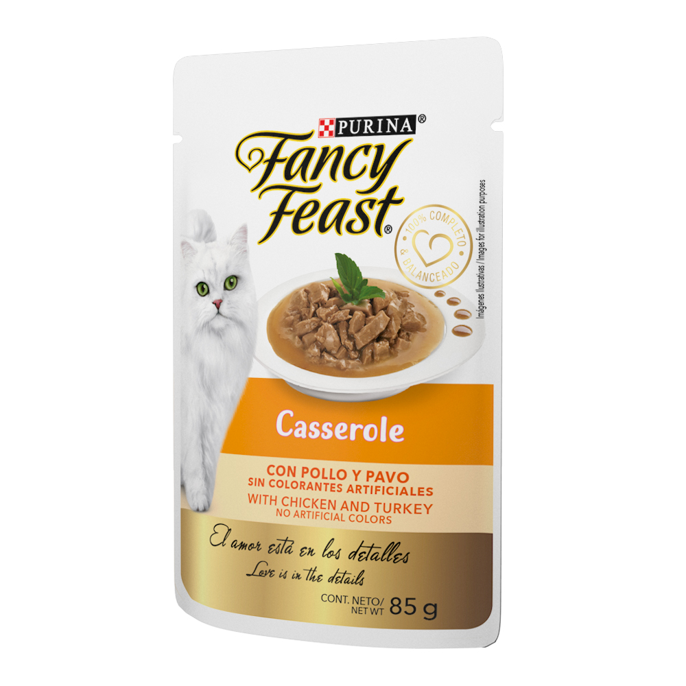 Caja de 12 sobres Fancy Feast Casserole Pollo y Pavo Alimento Húmedo para gatos adultos, pouch de 85g c/u.