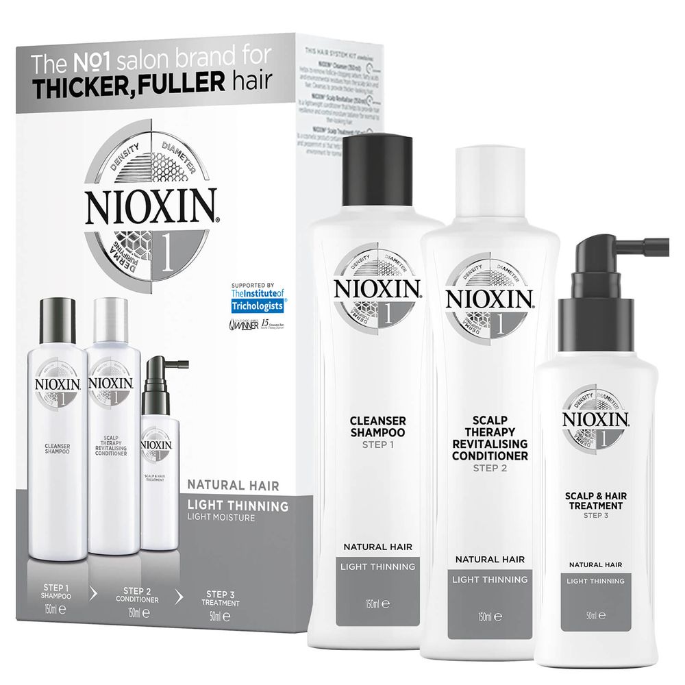 Nioxin Kit Anti caída Sistema #1 para cabello natural con caída moderada 300ml (3 piezas).