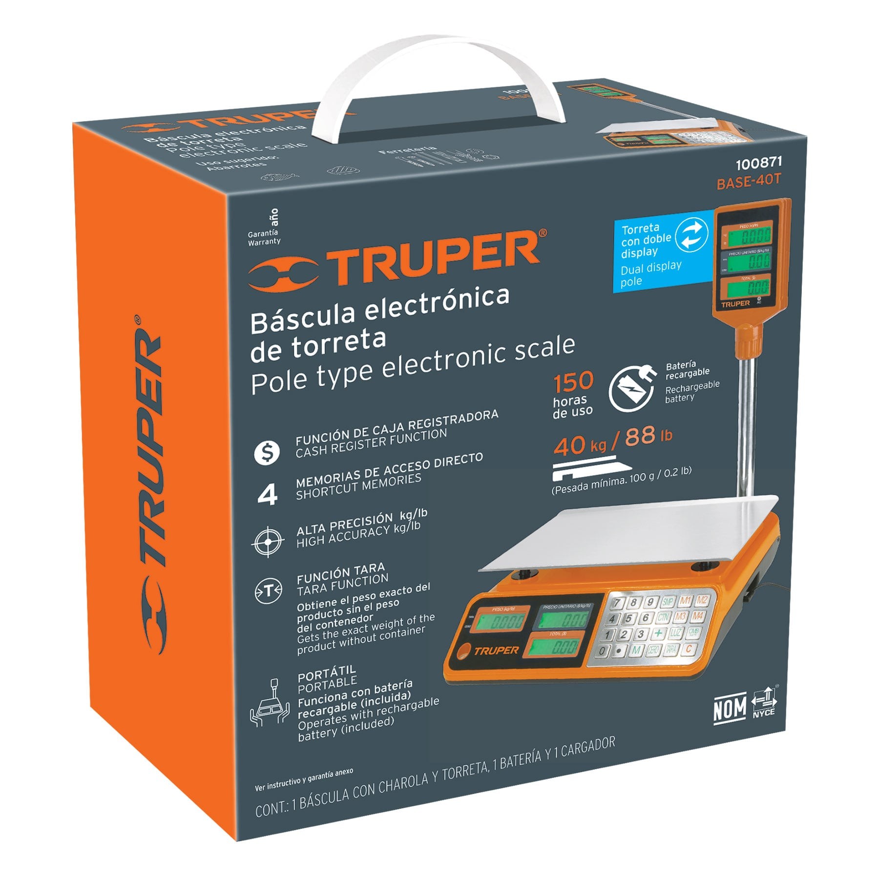 Báscula Capacidad 40 Kg Electrónica Multifunciones C/Torreta Truper Código: 100871 Clave: BASE-40T