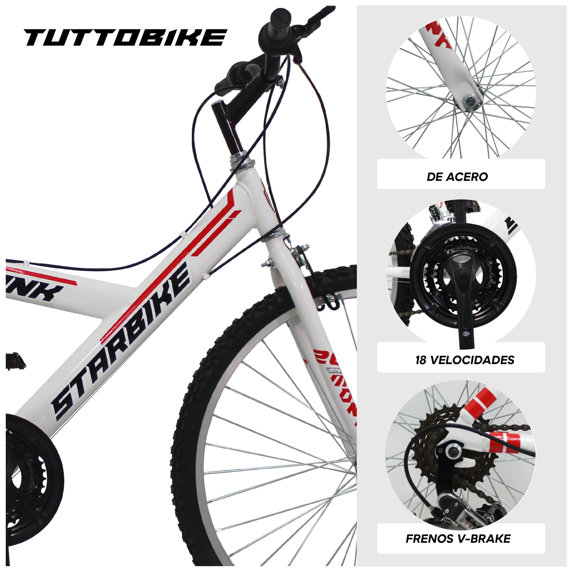 Bicicleta Montaña Rodada 26 18 Velocidades Monk StarBike 2.1 Blanco Rojo